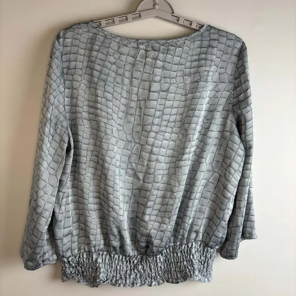 Michael Kors silky animal print top womens L gray open sleeve cinched waist